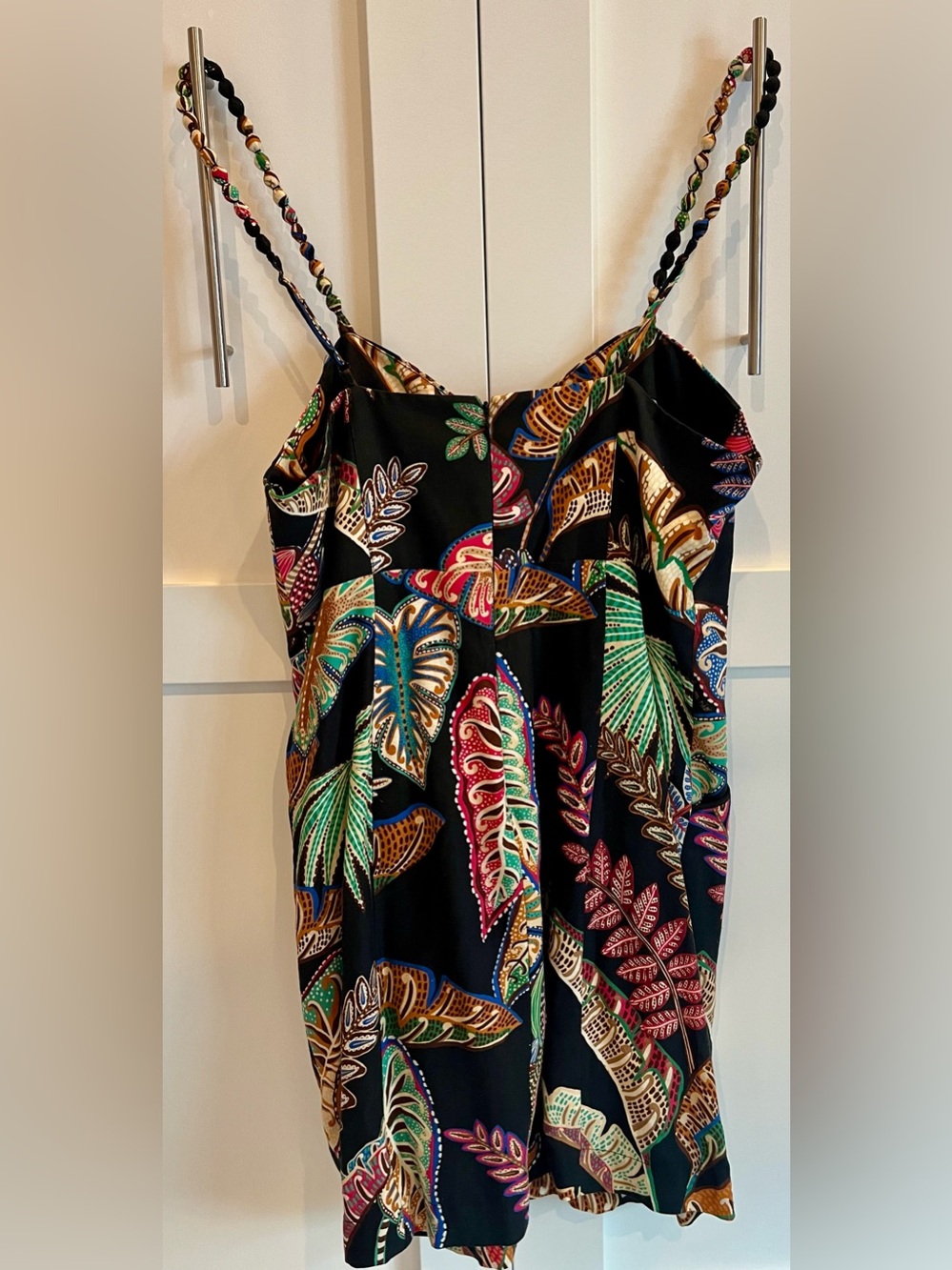 FARM Rio Tropical Leaf Mini Dress Beaded Strap Black Multicolor NWOT - Size L - Picture 4 of 7